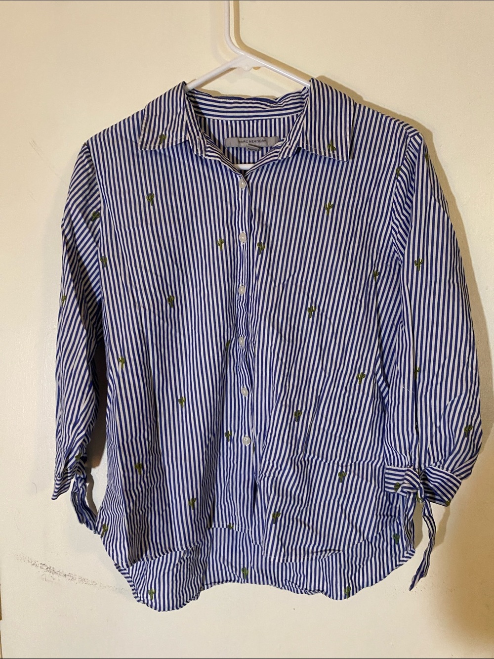Marc New York Blue and White Striped Button-Down Shirt with Green Embroidery